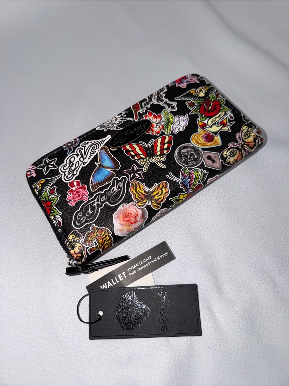 Ed Hardy Black Wallet with Multicolor Tattoo & Floral Prints